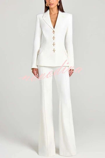 Women Power Metal Cross Snap Button Long Sleeve Lapel Blazer
