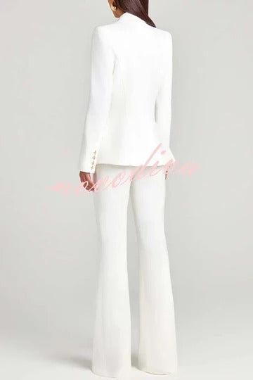 Women Power Metal Cross Snap Button Long Sleeve Lapel Blazer