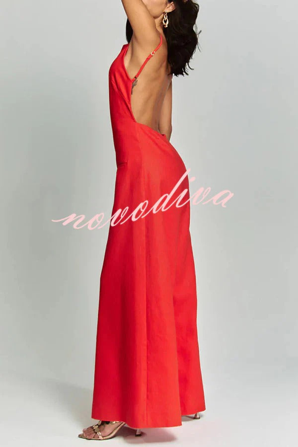 Kelso Linen Blend Square Neck Pocketed Backless Wide Leg Jumpsuit