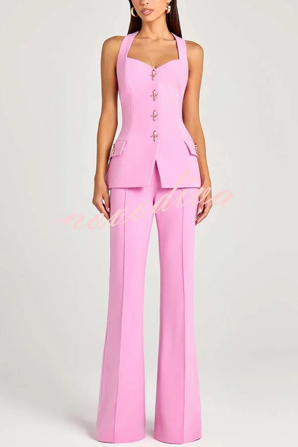 Women Power Metal Cross Snap Button Sweetheart Neck Wide Strap Vest