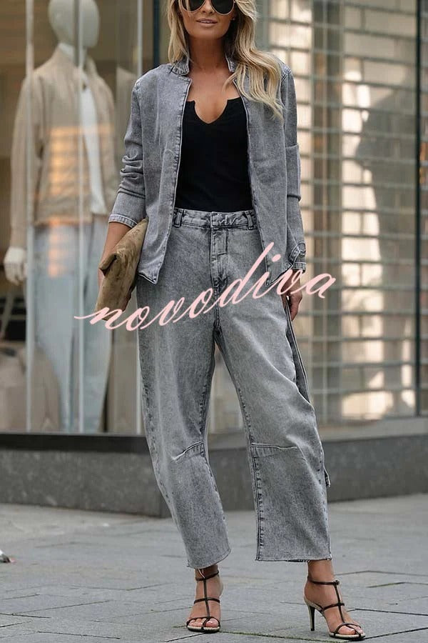 Casual Meetup Washed Denim Mid Rise Pocketed Barrel Jeans