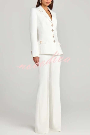 Women Power Metal Cross Snap Button Long Sleeve Lapel Blazer