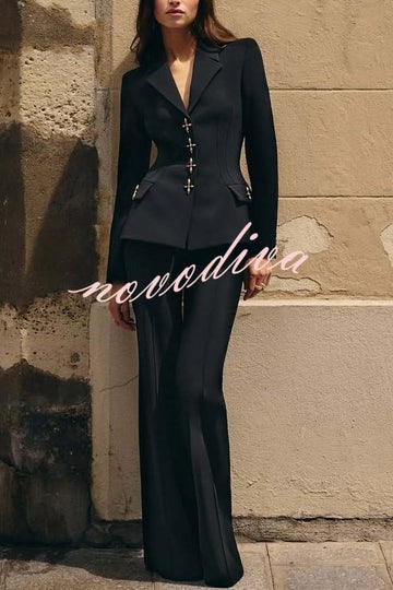 Women Power Metal Cross Snap Button Long Sleeve Lapel Blazer