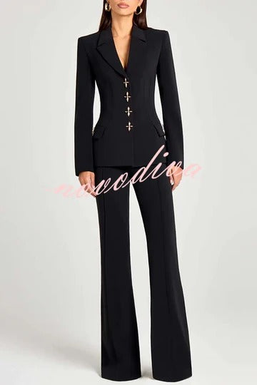 Women Power Metal Cross Snap Button Long Sleeve Lapel Blazer