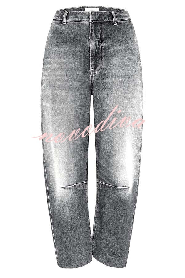 Casual Meetup Washed Denim Mid Rise Pocketed Barrel Jeans