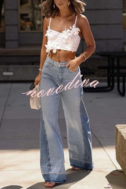 Ellison Denim Side Colorblock High Rise Pocket Wide Leg Jeans