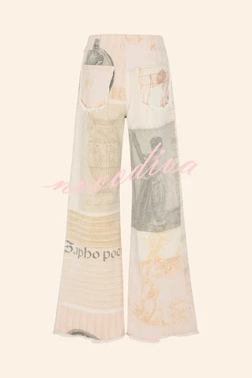 Historic Imagery Unique Print High Rise Pocketed Wide Leg Jeans