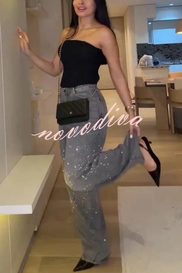 Fashion Star Rhinestone High Rise Casual Pocket Straight Loose Jeans