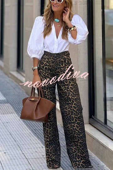 Wild Feel Denim Leopard Print High Rise Wide Leg Pocketed Jeans