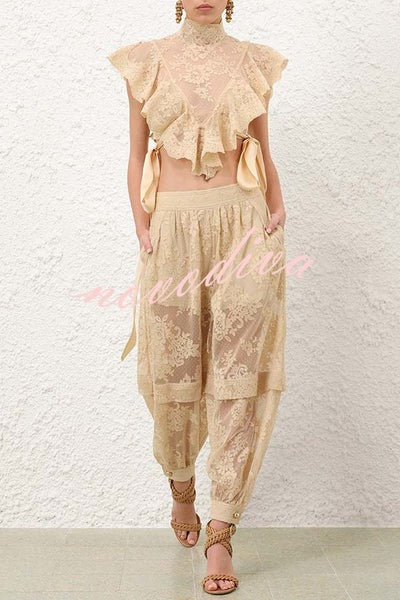 Salenia Lace Appliqué High Neck Side Tie-up Ruffle Cropped Top